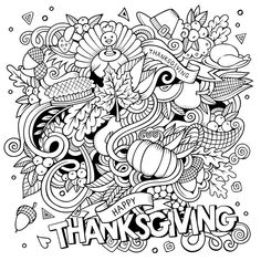 the thanksgiving coloring page for adults and children with turkeys, pumpkins, cornucts and leaves