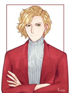 an anime character with blonde hair and green eyes wearing a red jacket, standing in front of