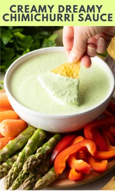 a hand dipping a tortilla chip into a bowl of dip surrounded by vegetables