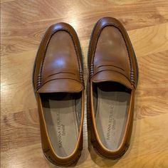 Brand New Italian Leather Loafers By Banana Republic - Us 7.5 Cognac Color Casual Wingtip Loafers With Leather Footbed, Casual Slip-on Wingtip Dress Shoes, Casual Wingtip Slip-ons For Work, Casual Wingtip Loafers With Cushioned Footbed, Casual Slip-on Dress Shoes With Almond Toe, Casual Slip-on Wingtip Moccasins, Casual Moccasins With Brogue Detailing For Business Casual, Casual Brogue Moccasins For Business Casual, Casual Wingtip Moccasins For Business Casual