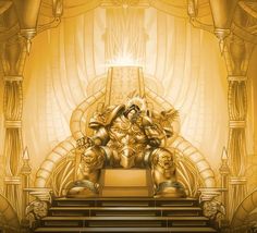 a golden statue sitting on top of a set of stairs