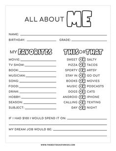 an all about me printable with the words and phrases for each child's name