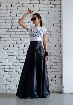 SALE Maxi Black Skirt/Long Casual Skirt/Oversize Long | Etsy Black And White Long Skirt Outfit, Maxi Black Skirt Outfit, A Line Maxi Skirt, Balloon Type, Long Cotton Skirt, Skirt Styling, Midi Skirts Style, Rok Outfit, Black Skirt Outfits