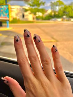 White Star Almond Nails, Medium Length Star Nails, Oval Nails Star Design, Sparkly Nails With Stars, Clear Nails With Black Stars, Short Stars Nails, Nails Acrylic Almond Stars, Short Aesthetic Almond Nails, Nail Stars Designs