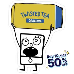 a sticker with the words twisted tea on it and an image of a cartoon character holding