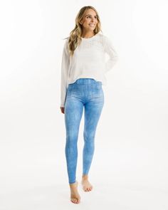 Get the versatile look of the skinniest denim jeans and enjoy the smooth, supportive feel of your favorite legging. This trompe l'oeil design uses a printed motif to fool the eye into seeing distressed denim, rivets, pockets, belt loops, and seams. But all your skin feels is smooth, chafe-free comfort. Light Denim, Rivets, The Eye, Distressed Denim, Jeggings, Your Skin, Denim Jeans