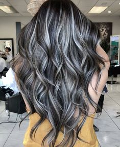 Dark And Platinum Highlights, Gray And White Highlights, Black And Silver Balayage Hair, Grey And Brown Hair Highlights, Highlights To Blend White Hair Brunettes, Grey To Brown Ombre Hair, Dark Hair With Ice Blonde Highlights, Silver Hair With Dark Lowlights, Dark Brown Gray Highlights