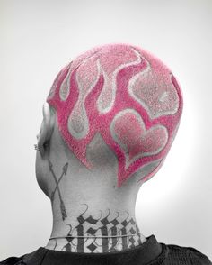 LOVE IS BLIND. 💕 two tone pink heart flames for @dreadlyss #pinkflames #buzzcutcolor #buzzcut #haircolor #hairart #haircolordesign… | Instagram Cool Shaved Head Designs, Bleach Buzzed Hair Designs, Bleached Buzzcut Design, Buzz Cut Colored Hair, Dyed Buzzcut Design, Purple Buzzcut, Buzzed Head Dye Designs, Patterned Buzzcut Dye, Pink Buzzcut