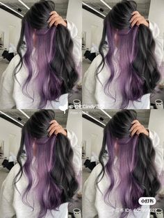 All Over Color With Partial Highlights, Bottom Half Purple Hair, Purple Underdye Hair Curly, Hidden Purple Hair, Light Purple Peekaboo Hair, Underhair Dye, Purple Underneath Hair, Purple Peekaboo Hair, Hair Styling Cream