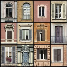 many windows with shutters and balconies are shown in different colors, shapes and sizes