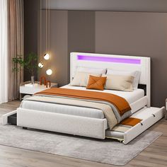 Upgrade your bedroom with our Wooden Upholstered Platform Bed Frame featuring a luxurious Teddy Fleece headboard and versatile LED lighting. The headboard includes an integrated LED light strip with 16 color options and 4 lighting modes, all conveniently controlled via a smartphone app. Constructed from robust MDF and plywood, this bed frame is designed for durability and long-lasting use. It also includes two spacious drawers and a large pull-out trundle bed, providing extra storage and sleepin Queen Bed With Trundle, Bed With Led Lights, Wooden Platform Bed, Wood Frame Construction, Queen Platform Bed, Teddy Fleece, Queen Bed Frame, Visual Texture, Trundle Bed