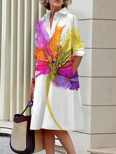 Casual White Dress, Floral Shirt Dress, Printed Shirt Dress, White Shirt Dress, Long Sleeve Midi, Loose Dress, White Midi Dress, Aaliyah, Medan