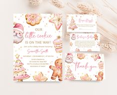 a pink and gold baby shower party with cookies, teddy bears, snowflakes and other items