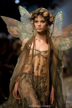 a woman in a fairy costume with wings and flowers on her head is walking down the runway