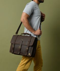 "Gorgeous Handmade Leather Messenger Bag For Men | Unique Personalised Gifts For Him | Monogrammed Leather Messenger Bag | Brown Laptop Bag Gifts | Practical gifts For Him SHIPPING- Enjoy free shipping to the UK, US, and EU Our mens leather messenger bag is a minimalistic multifunctional laptop briefcase that has enough room to hold just about everything you want to bring with you on your workday. Handmade from the finest full-grain buffalo leather this men's messenger laptop bag offers plenty o Mens Leather Messenger Bag, Handmade Laptop Bag, Brown Leather Messenger Bag, Leather Messenger Bag Men, Laptop Shoulder Bag, Leather Duffle, Briefcase For Men, Leather Satchel Bag, Messenger Bag Men