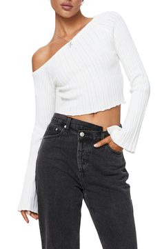 Add a sultry note to sweater season in a cropped option that showcases one shoulder. One-shoulder neck Long sleeves 51% viscose, 30% nylon, 19% polyester Machine wash, dry flat Imported Fall Off-shoulder Stretch Crop Top, Casual White One-shoulder Crop Top, White Stretch One-shoulder Crop Top, Trendy Cropped One Shoulder Top For Spring, Trendy Cropped One-shoulder Top For Spring, One Shoulder Ribbed Top For Spring, Spring One-shoulder Ribbed Top, Ribbed One-shoulder Top For Spring, Spring Ribbed One-shoulder Top