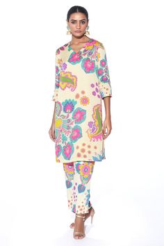 Cream kurta with multicolour floral and paisley printed motifs. Comes with matching pant. - Aza Fashions Festive Spring V-neck Palazzo Set, Fitted Multicolor V-neck Kurta, Spring Multicolor V-neck Kurta, Bohemian Long Sleeve Kurta With Floral Print, Multicolor Long Sleeve Kurta With Floral Print, Spring V-neck Palazzo Set, Multicolor Printed Bohemian Kurta, Bohemian Floral Print Patterned Kurta, Bohemian Floral Print Kurta