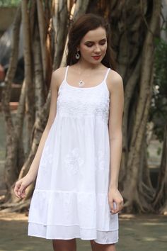 Strappy White Cotton Chikankari Embroidered Dress from India - Breezy Summer | NOVICA  #summertime #summertimefashion #handmade #summer20 #novica #summerstyle #ethicalfashion #relax #handmade #lightweight #comfortfashion Sleeveless Summer Embroidered Lace Dress, Summer Lace Dress With Chikankari Embroidery, White Sleeveless Dress With Intricate Embroidery, White Sleeveless Dress With Chikankari Embroidery, White Chikankari Embroidered Summer Dress, White Chikankari Embroidery Summer Dress, White Chikankari Embroidery Dress For Summer, White Sleeveless Cotton Embroidered Dress, White Sleeveless Embroidered Cotton Dress