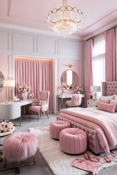 a bedroom with pink walls and furniture in the room, including a large bed covered in fluffy