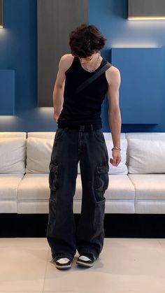 Tank Top Outfits For Men, Man Tank Top Outfits, Boys Fashion 2024, Fit Boy Aesthetic, Tank Top Men’s Outfit, Black Wife Beater Outfit Men, Black Boy Aesthetic Outfit, Streetwear Mode Men, Black Clothes Aesthetic Men