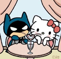 an image of a hello kitty and catwoman having drinks together at a table with wine glasses