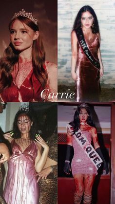 four different pictures of women dressed up in costumes and posing for the camera, one wearing a tiara