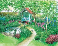 a painting of a garden with flowers and a gazebo