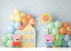 two peppa pig figures are standing in front of balloons and a house with a sun on it