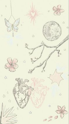 a drawing of a heart and flowers on a white background with butterflies, stars and a moon