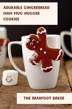 there is a coffee cup with a gingerbread cookie in it and the words, adorable gingerbread man mug huger cookies