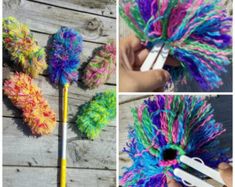 four pictures showing different types of yarns being used to make pom poms