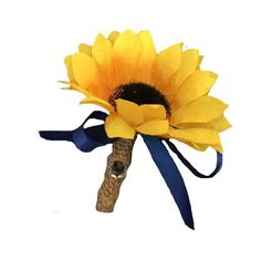 a yellow sunflower with a blue ribbon tied around it's head and neck