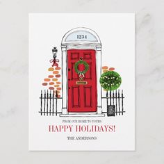 a holiday card with an illustration of a red door