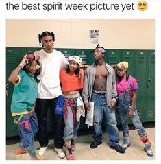 a group of young people standing next to each other in front of lockers with the caption, the best spirit week picture yet