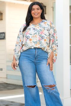 Chic Soul plus size clothing, multicolor floral pattern blouse with bubble sleeves Trendy Ditsy Floral Print Top For Day Out, Trendy Flowy Tops With Floral Print, Trendy Ditsy Floral Print Tops For Spring, Casual Ditsy Floral Print Top For Brunch, Floral Print Tops For Day Out In Fall, Floral Print Tops For Fall Day Out, Trendy Relaxed Fit Floral Print Tops, Flowy Floral Print Top For Day Out, Spring Floral Print Tops For Brunch