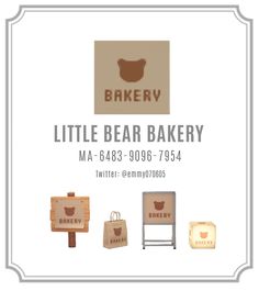 the little bear bakery logo is displayed in front of several different bags and boxes, including one