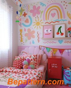 a child's bedroom decorated in bright colors