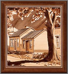 a painting of a house with a tree in the foreground