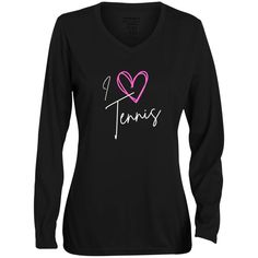 "I Love Tennis" Ladies' Performance Long Sleeve V-Neck Tee – Rallies and Rackets The Court, Sporty Style, Pullover Sweatshirts