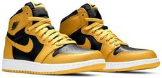 Made for big kids . the Air Jordan 1 High Retro OG GS ‘Pollen’ features distinctive color blocking that recalls the ‘Iowa’ Dunk from the original Be True to Your School series from 1985. Black tumbled leather is utilized on the upper . contrasted by smooth leather overlays in Pollen yellow. The sneaker earns its ‘OG’ designation with a Wings logo on the lateral ankle and a woven Nike Air tag atop the black nylon tongue. Lightweight cushioning arrives via a rub School Series, Wings Logo, Air Jordan 1 Retro High Og, Air Jordan 1 Retro High, New Nike Air, Air Jordan 1 High, Jordan 1 High, Air Jordan 1 Retro, Jordan 1 Retro High