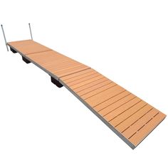 a long wooden dock with two poles attached to it's sides and one end missing