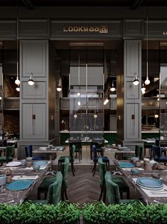 a restaurant with tables and chairs in front of large windows that read lookmagic