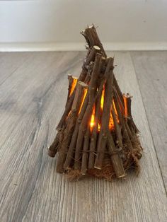 a small fire pit made out of sticks on the floor with flames burning in it