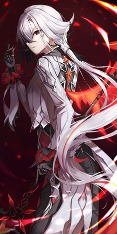 an anime character with long white hair and red eyes, standing in front of a dark background