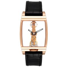 Corum Golden Bridge Classic Rose Gold Skeleton Mens Watch B113/01043. Manual-winding decorated linear movement.  Caliber CO 113. 19 Jewels. 18k rose gold tonneau sceleton case 34.00 x 51.00 mm. Transparent case back. The crown is located at the 6 o'clock position and is engraved with the Corum key. . Scratch resistant sapphire crystal. See thought Transparent  dial with skeleton rhodium-plated baton hands. Black leather strap with 18k rose gold tang buckle. Gold Diamond Watch With Skeleton Dial For Business, Yellow Gold Watches With Skeleton Dial For Gift, Yellow Gold Business Watch With Skeleton Dial, Modern Diamond Watch With Skeleton Dial For Formal Occasions, Modern Diamond Watch With Skeleton Dial For Business, Rose Gold Watch With Skeleton Dial And Rectangular Shape, Rose Gold Watches With Skeleton Rectangular Dial, Modern Business Diamond Watch With Skeleton Dial, Rose Gold Rectangular Watch With Skeleton Dial