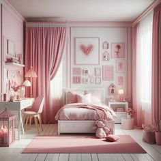 a bedroom decorated in pink and white with pictures on the wall above the bed, along with a teddy bear