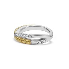 Diamonds and 18k gold Caviar beading on a sterling silver band form this X-ring. LAGOS diamonds are the highest quality natural stones. Yellow Gold Pave Setting Diamond Ring In Sterling Silver, Timeless Multi-stone Diamond Promise Ring, Timeless White Gold Multi-stone Rings, Timeless White Gold Rings With Multi-stone, Elegant Multi-stone Stackable Rings, Diamond White Multi-stone Diamond Ring In Sterling Silver, Sterling Silver Diamond White Multi-stone Diamond Ring, Sterling Silver Diamond White Diamond Ring With Multi-stone, Gold Stackable Multi-stone Diamond Rings