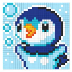 a pixellated image of a penguin in blue and white