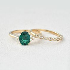 2ct Lab Emerald Oval Cut Yellow Gold Ring Set 2pcs - Felicegals 丨Wedding ring 丨Fashion ring 丨Diamond ring 丨Gemstone ring-Jewelry-Felicegals Engament Rings, Gold Ring Engagement, Jewelry Knowledge, Emerald Wedding Rings, Cute Engagement Rings, Rose Gold Morganite, Moissanite Engagement Ring Oval, Emerald Wedding, Gold Ring Sets