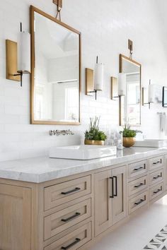 a bathroom with two sinks, mirrors and plants in the middle of the countertop